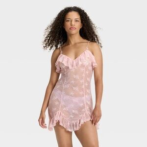 🆕 Women's Sheer Ruffle Lace Clay Pink Mini Slip Dress - Size XL